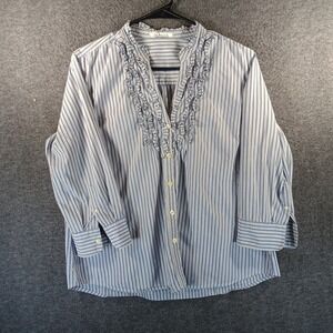 GH Bass Blouse Women Frilled V Neck Button Down Mid Sleeve‎ Striped Blue/White